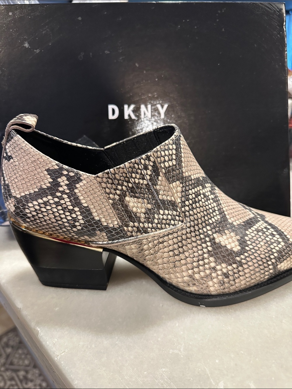 DKNY Snake-Print Ankle Bootie in Taupe and Black